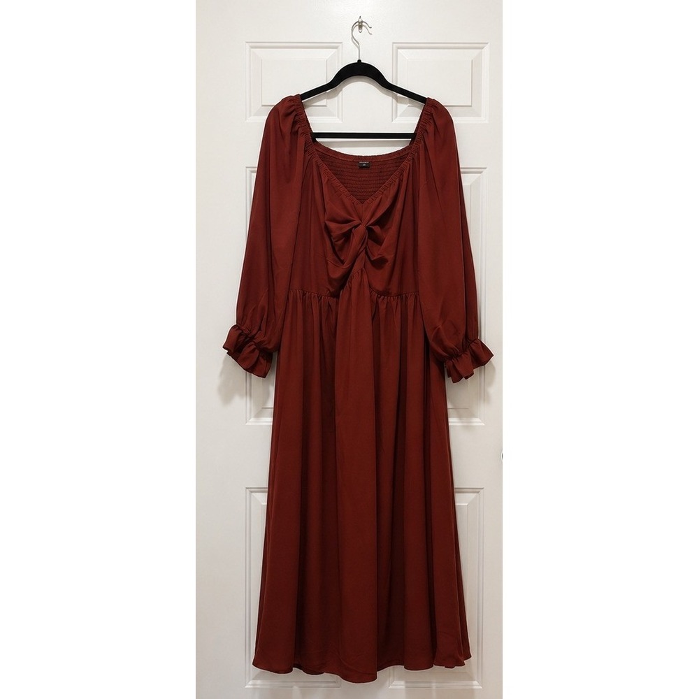 SCOMCHIC Rust Brown Smocked Back Flowy Prarie Long Sleeve Midi Plus Size 4XL